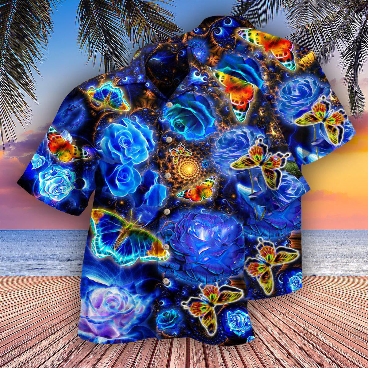 Floral Rose Butterfly Hawaiian Shirt With Detailed Graphic For Summer Vacation Beach Travel And Casual Wear