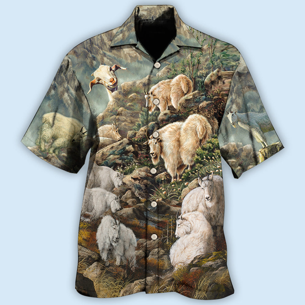 Mountain Goat Hawaiian Shirt With Detailed Graphic For Coastal Trips Outdoor Events And Relaxed Summer Wear