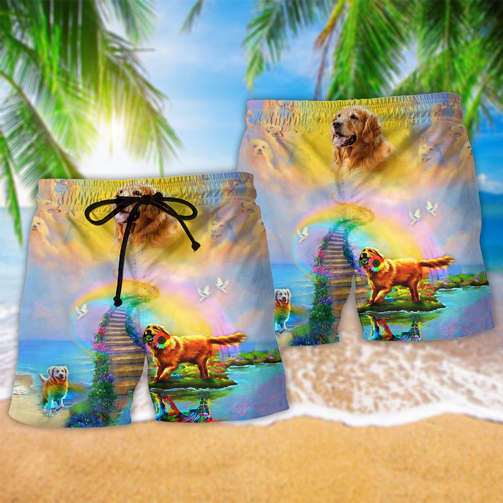Golden Retriever Rainbow Hope Beach Shorts Pattern Detail For Poolside Fun And Memorable Gift Ideas