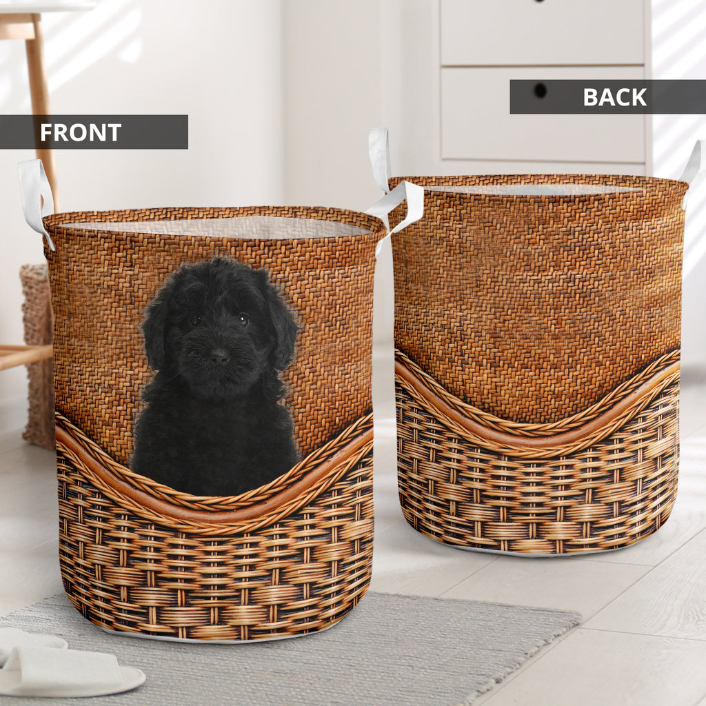 Goldendoodle Black Dog Rattan Texture Laundry Basket For Room Home Organizer