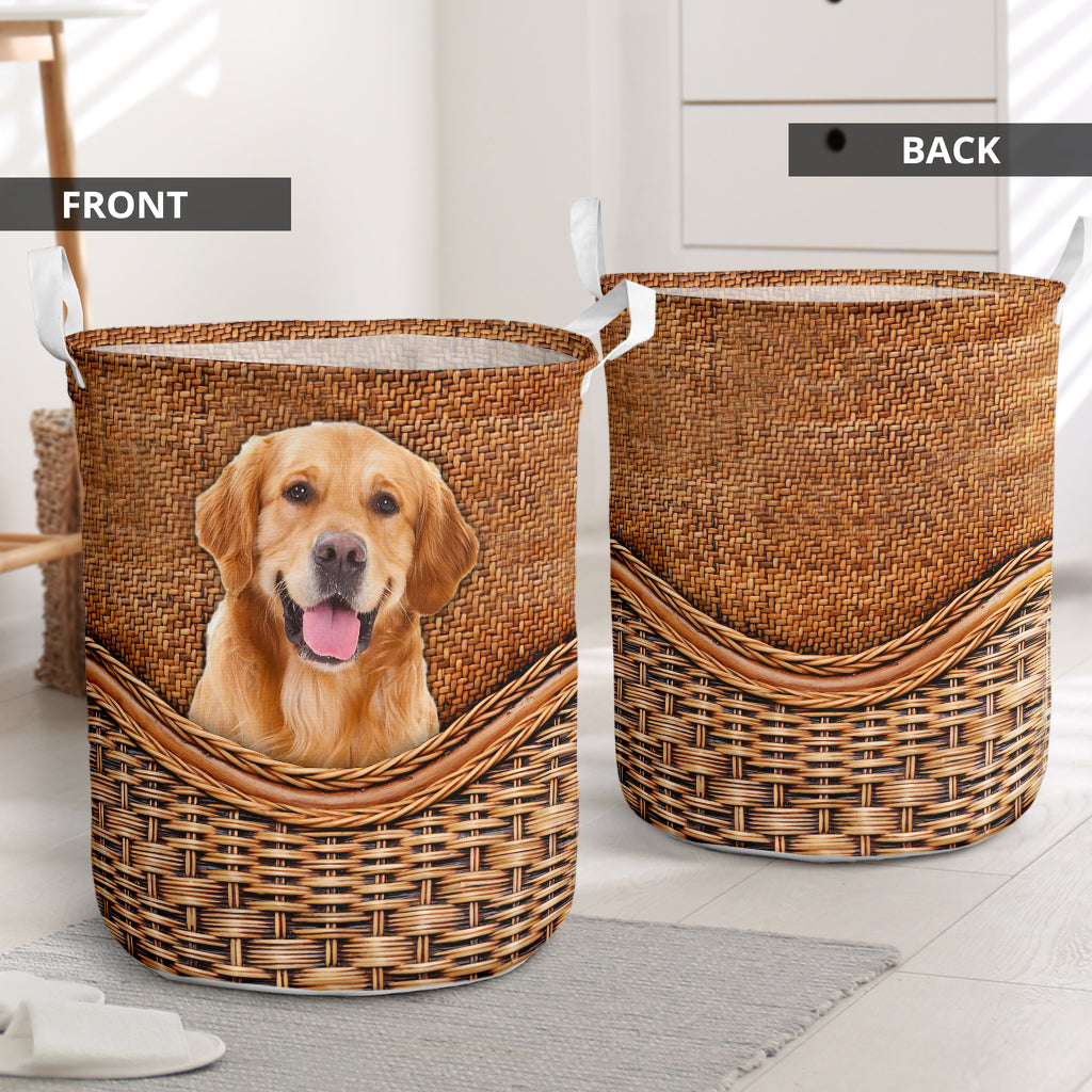 Golden Retriever Dog Rattan Texture Laundry Basket For Room Home Organizer