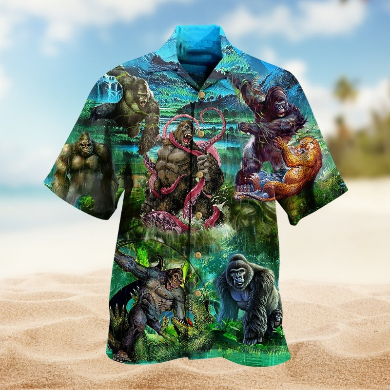 Gorilla King Jungle Hawaiian Shirt For Coastal Travel, Casual Events, And Comfortable Summer Wear
