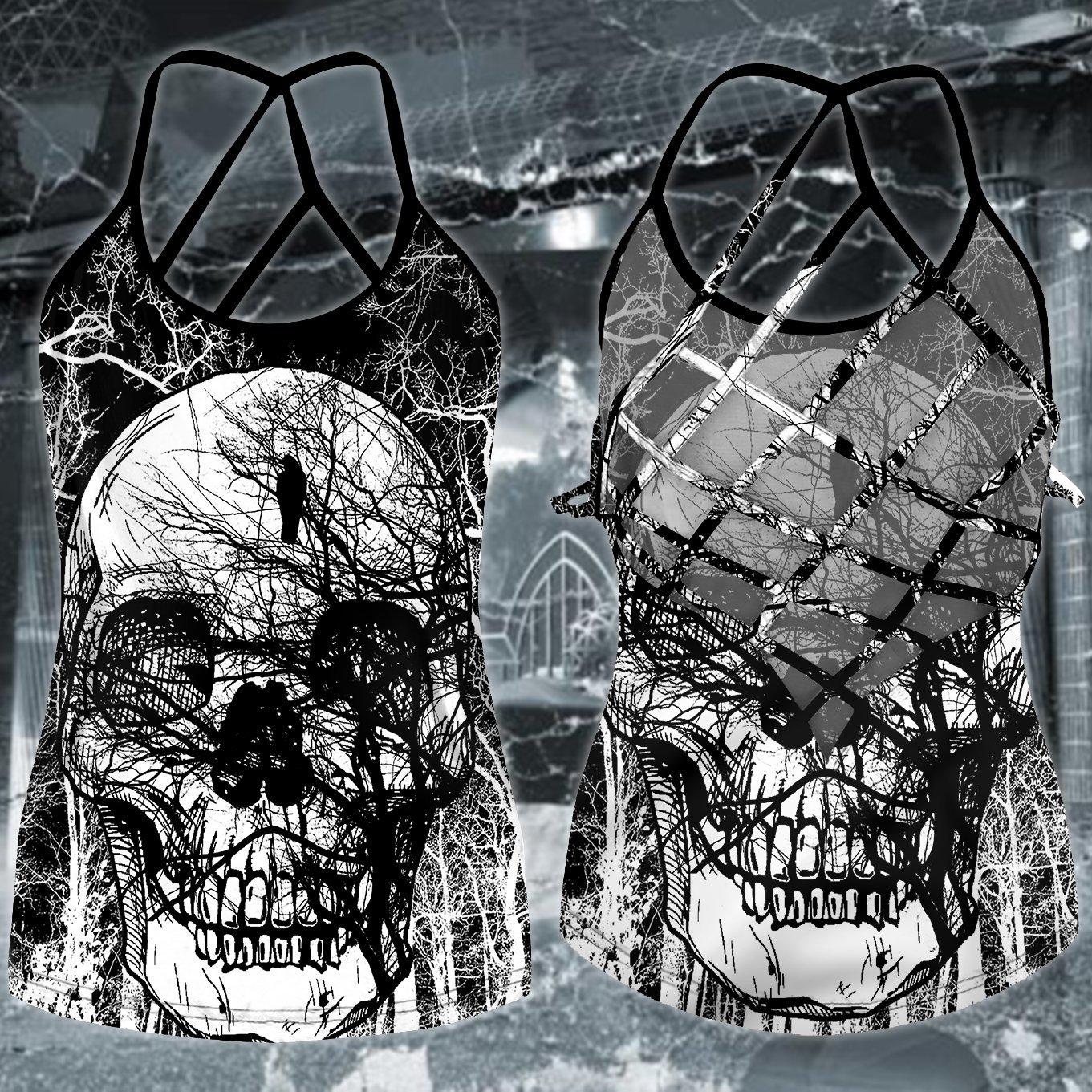 Gothic Skull Club Hollow Tank Top For Studio Workouts And Confident Outfits