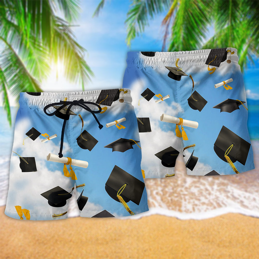Graduation Peace Sky Beach Shorts Pattern Detail For Casual Outings And Distinctive Seasonal Style