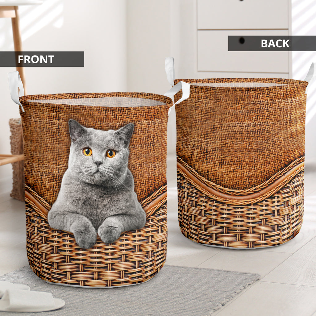 Gray Cat Rattan Texture Laundry Basket For Room Home Organizer
