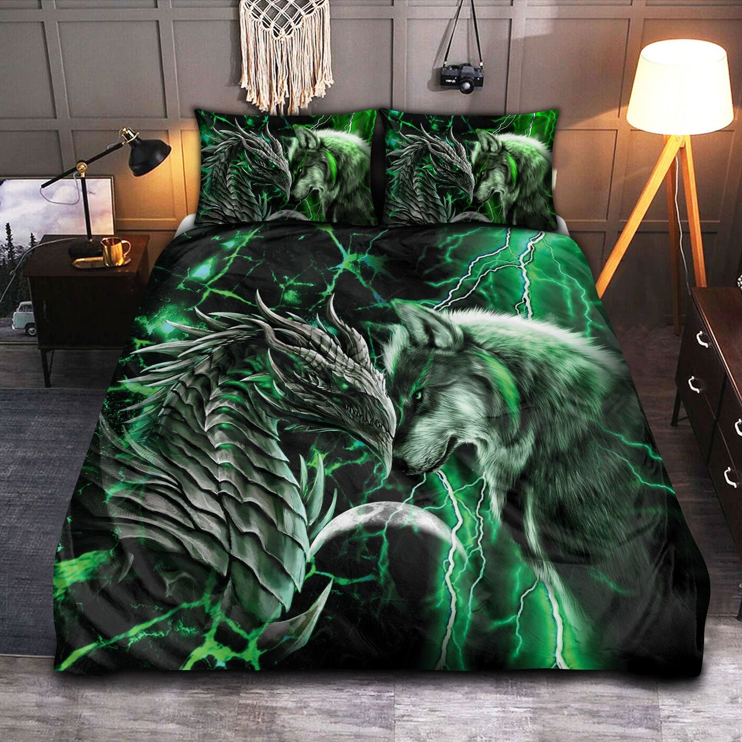 Green Dragon And Wolf Fantasy Bedding Cover For Fantasy Bedroom Decor
