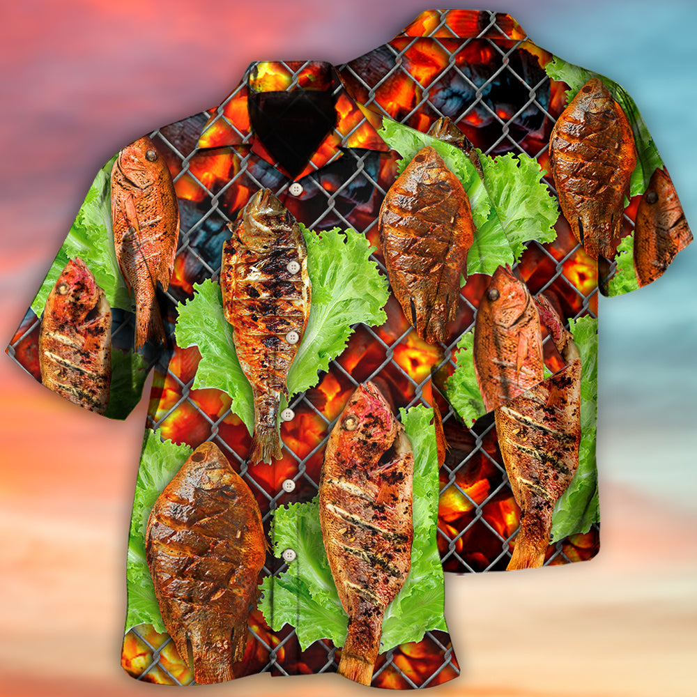 Creative Grilled Fish BBQ Food Hawaiian Shirt For Summer Vacation, Beach Travel, And Casual Wear