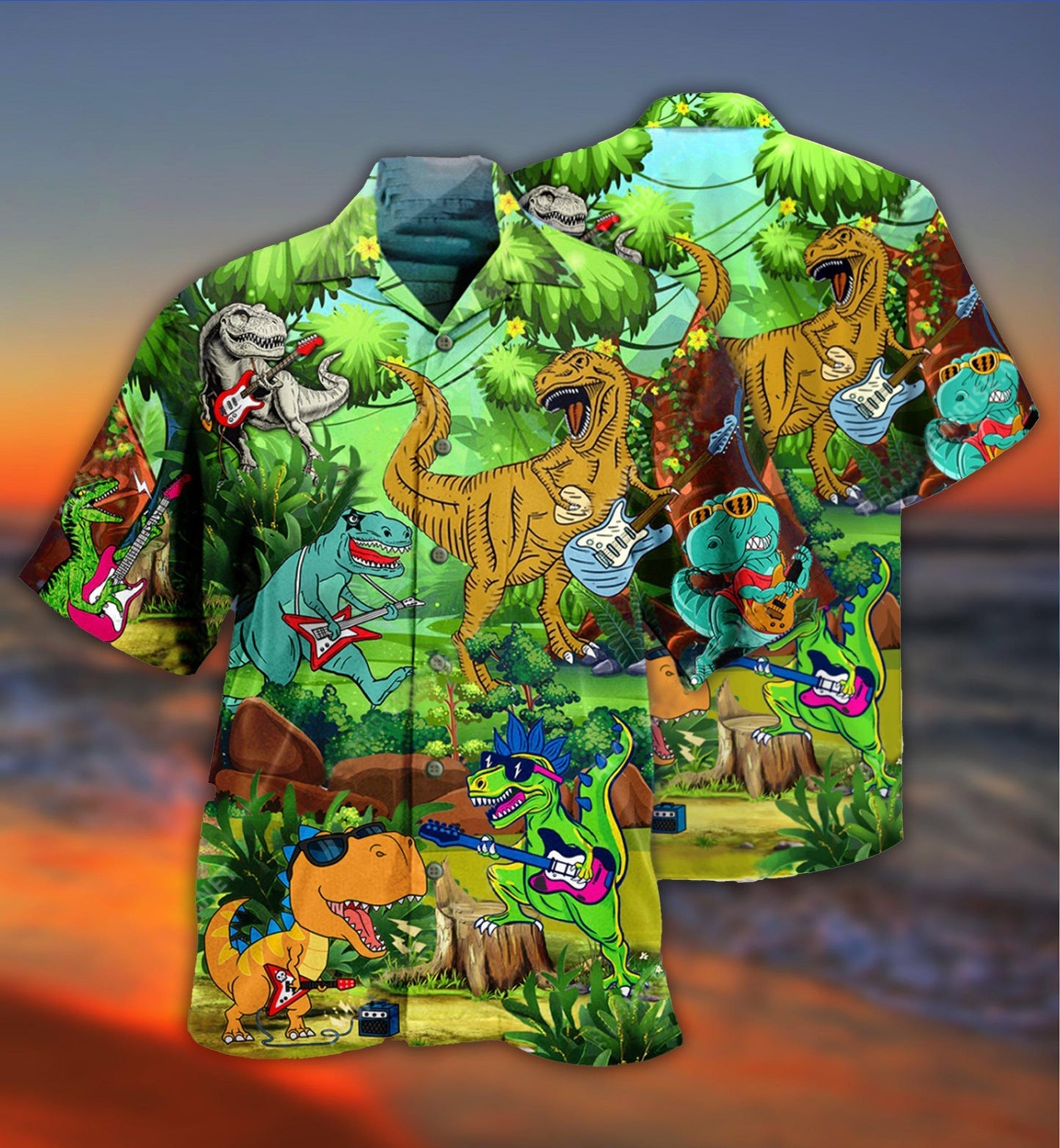 Galaxy Guitar And Dinosaur Hawaiian Shirt With All Over Print For Coastal Adventures Summer Events And Everyday Comfort