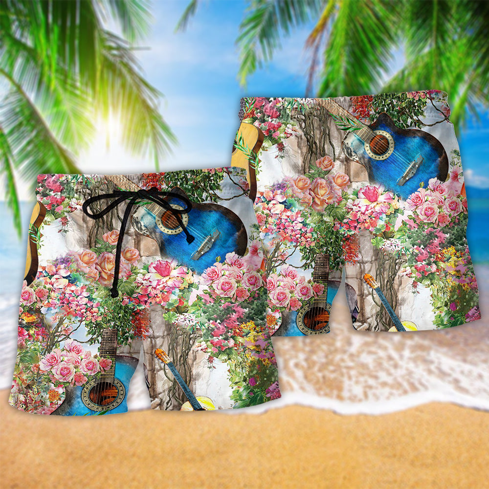 Guitar Melody And Rose Garden Beach Shorts For Tropical Getaways And Weekend Adventures