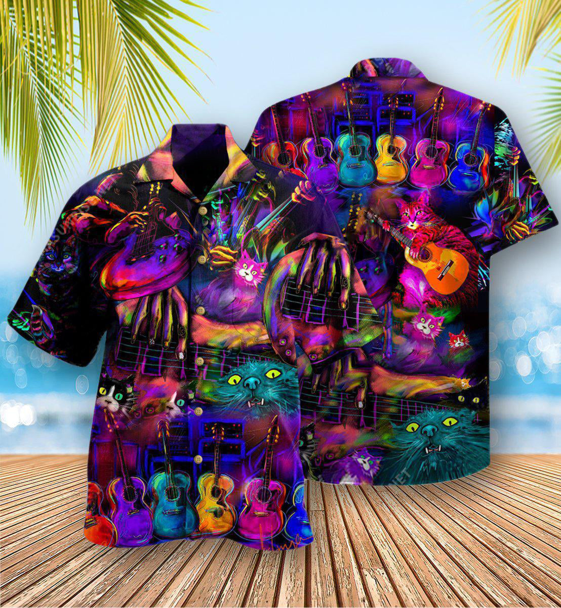Guitar And Cat Hawaiian Shirt With All Over Print For Summer Travel Coastal Events And Thoughtful Gift Giving
