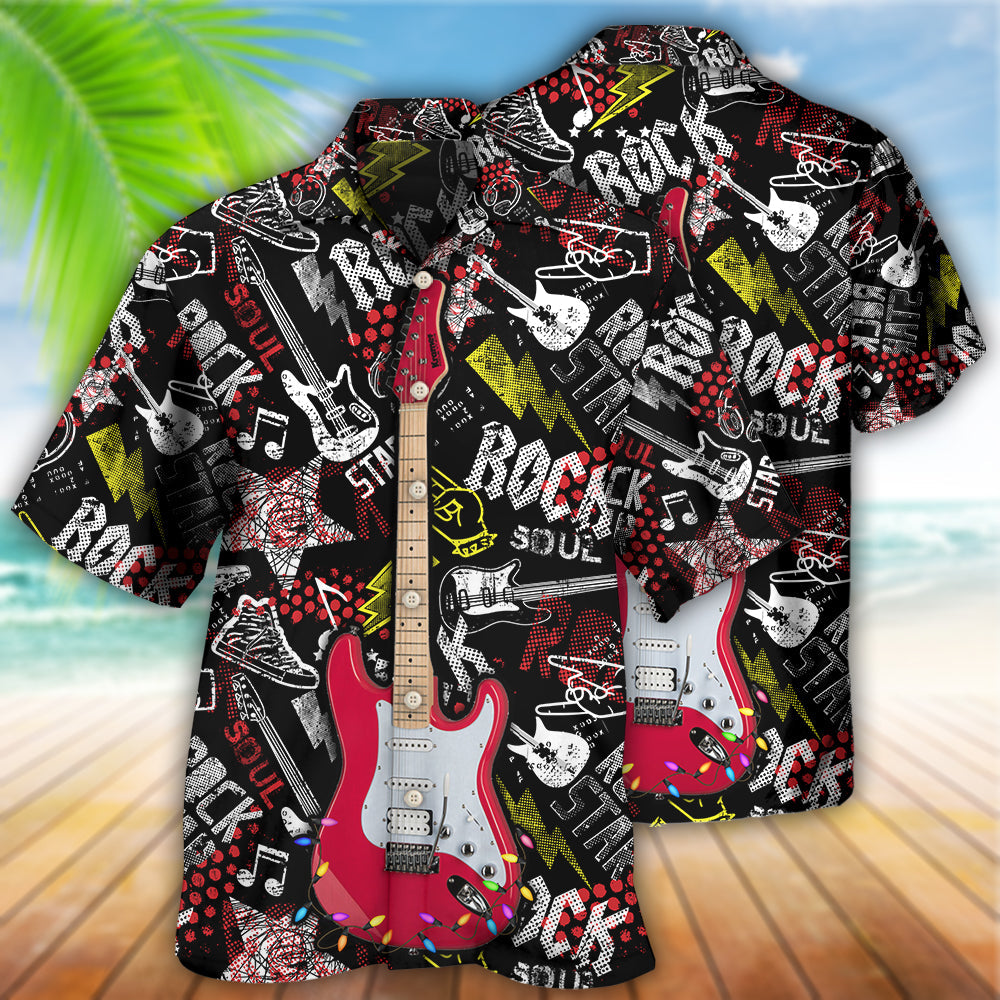 Happy Guitar Rock Christmas Hawaiian Shirt For Coastal Adventures And Warm Weather Wear