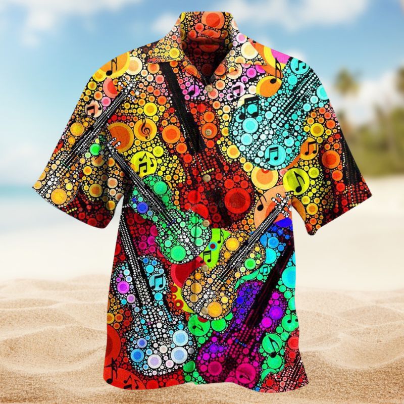 Creative Guitar Scroll Hawaiian Shirt For Resort Trips, Coastal Parties, And Warm Weather Style