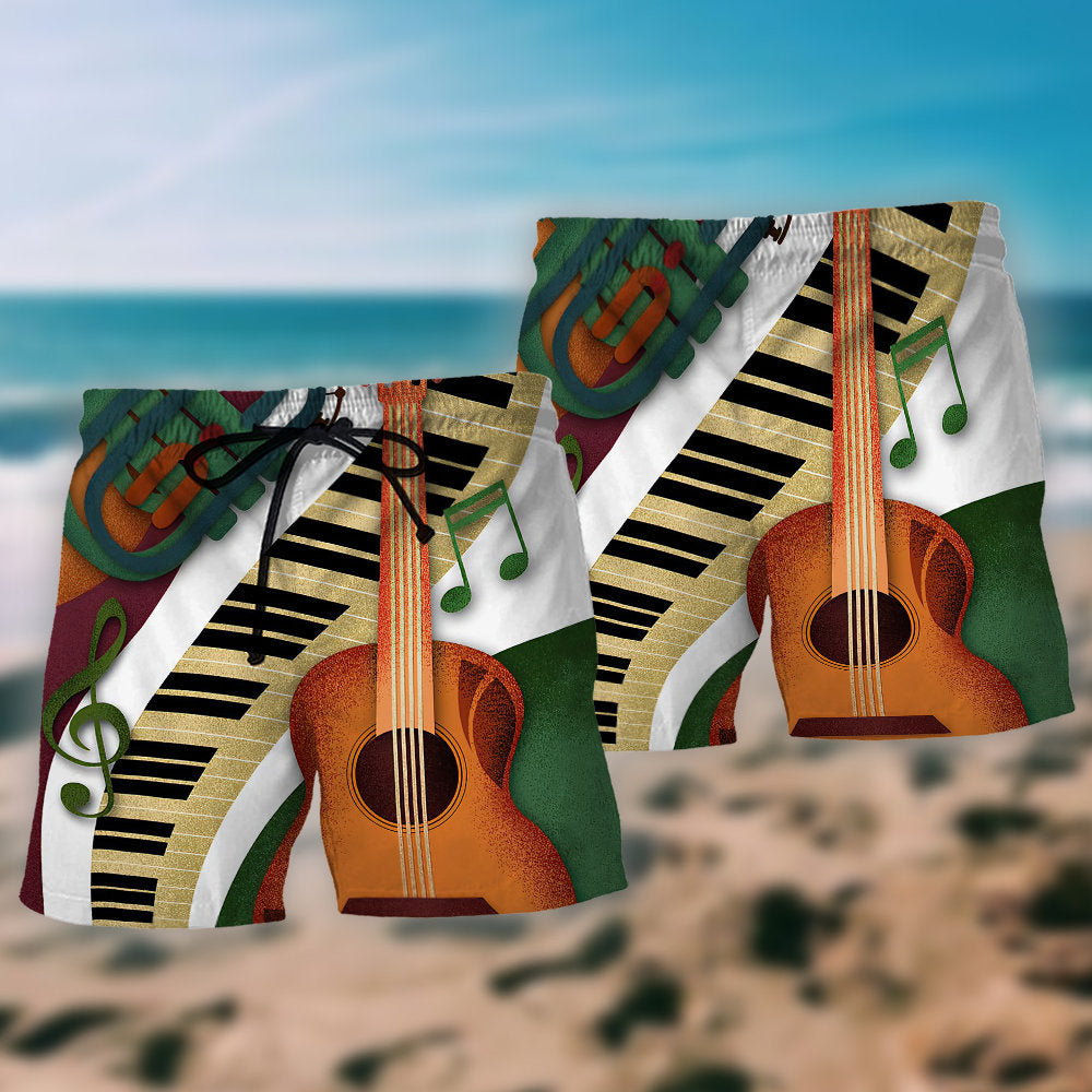 Vintage Classic Guitar Beach Shorts For Summer Vacation And Coastal Travel