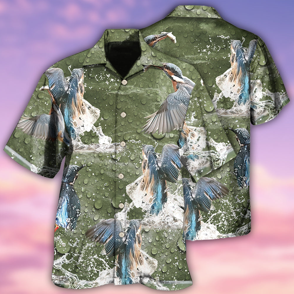 Colorful Kingfisher Hawaiian Shirt Artwork Detail For Resort Trips And Outdoor Activities