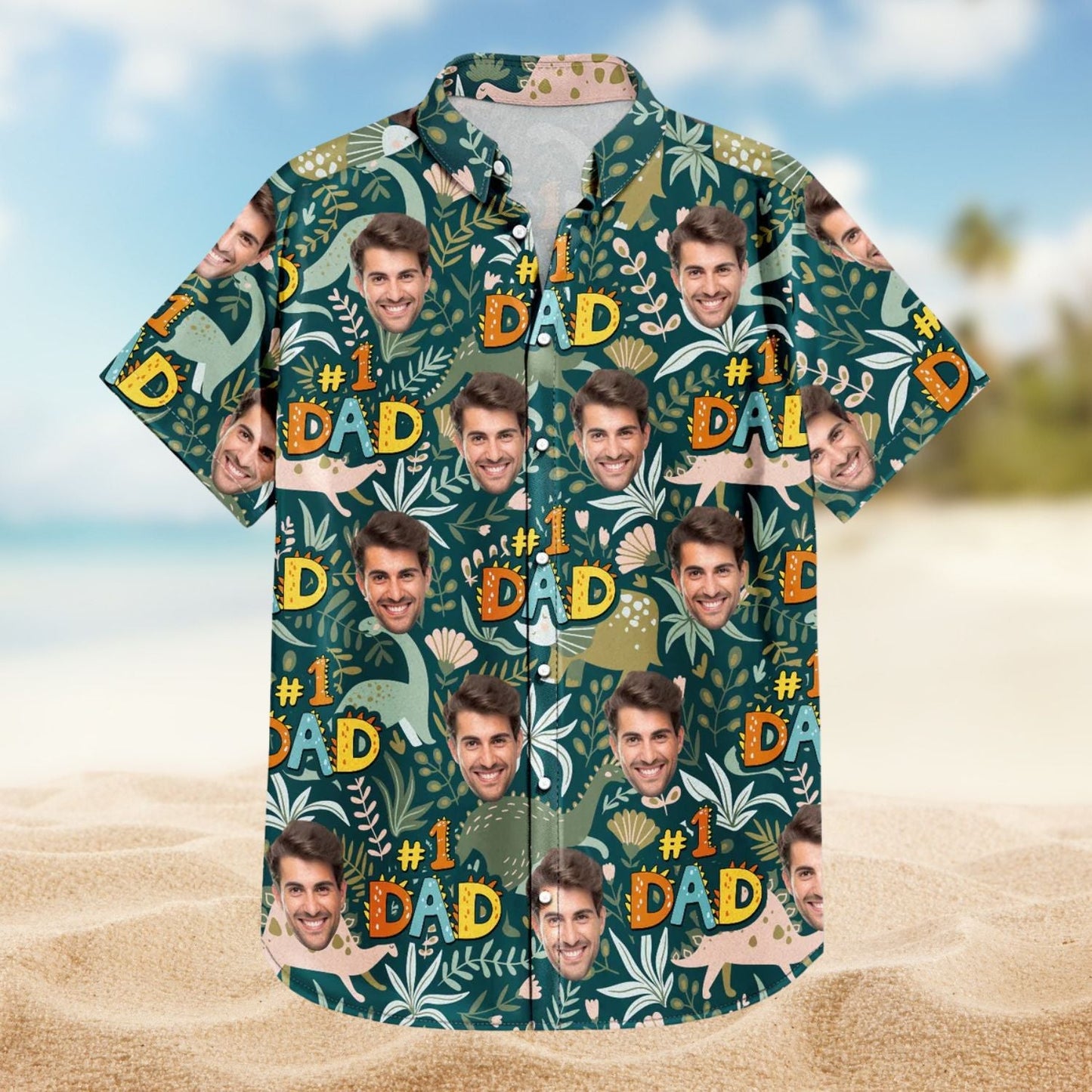 Custom Photo Dino Dad Personalized Hawaiian Shirt For Beach Parties, Coastal Travel, And Relaxed Warm Weather Style