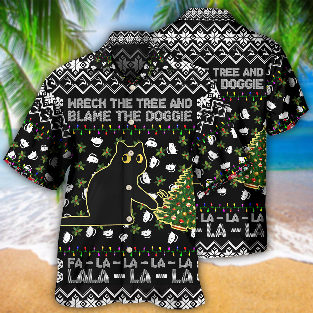 Black Cat Wreck Tree Blame Doggie Christmas Hawaiian Shirt For Resort Getaways And Comfortable Summer Activities
