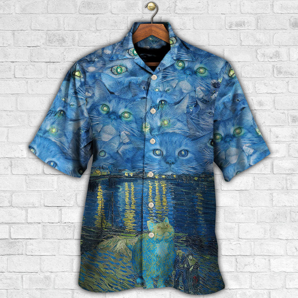 Cat Starry Night Hawaiian Shirt Pattern Detail For Vacation Travel And Daily Wear