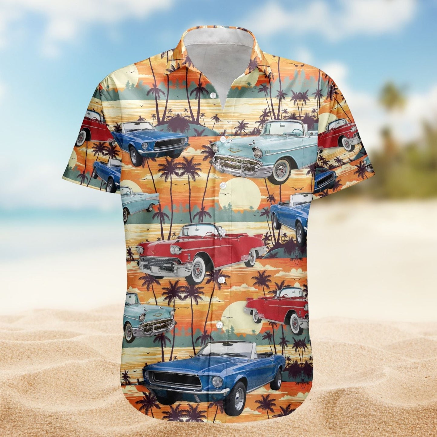 Vintage Car Custom Photo Muscle Men Husband Hawaiian Shirt For Coastal Travel And Summer Outings