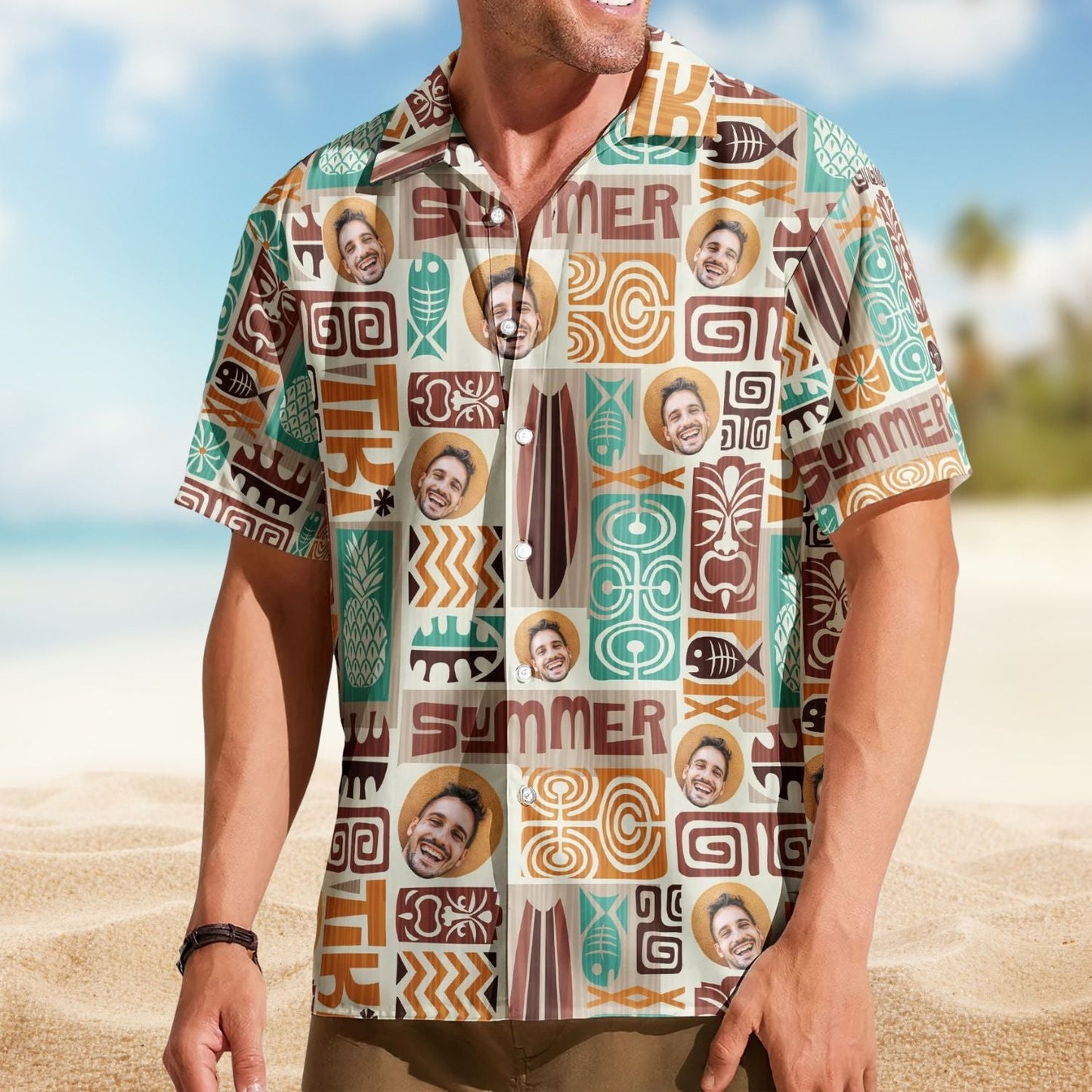Custom Face Exotic Tiki Photo Hawaiian Shirt For Resort Days, Summer Events, And Comfortable Outdoor Activities