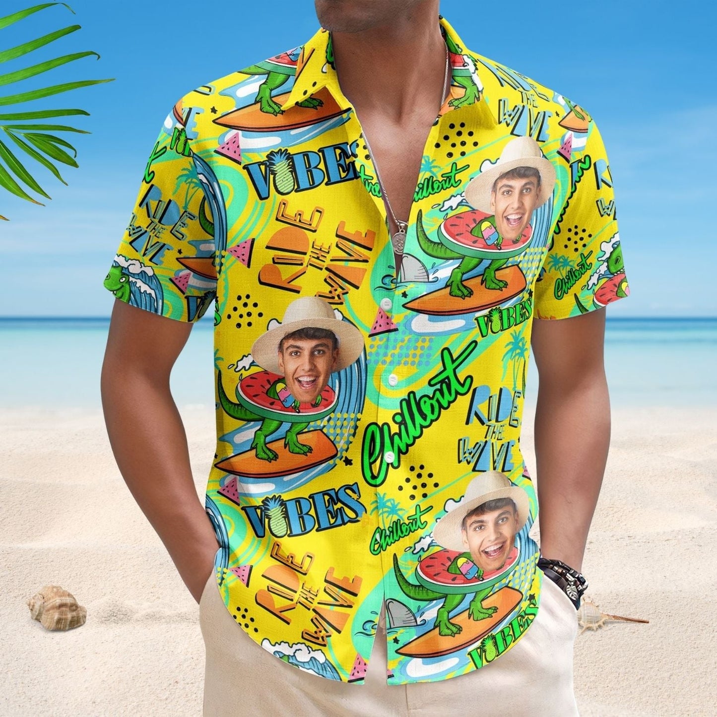 Dinosaur Personalized Photo Surfing Ride Wave Summer Hawaiian Shirt For Warm Weather Events And Casual Wear