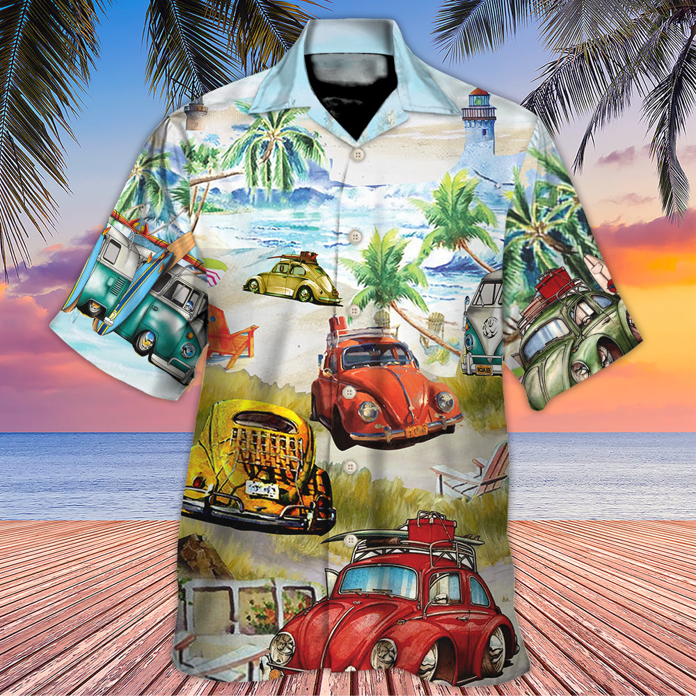 Classic Car And Tropical Beach Hawaiian Shirt For Tropical Travel Beach Gatherings And Comfortable Wear