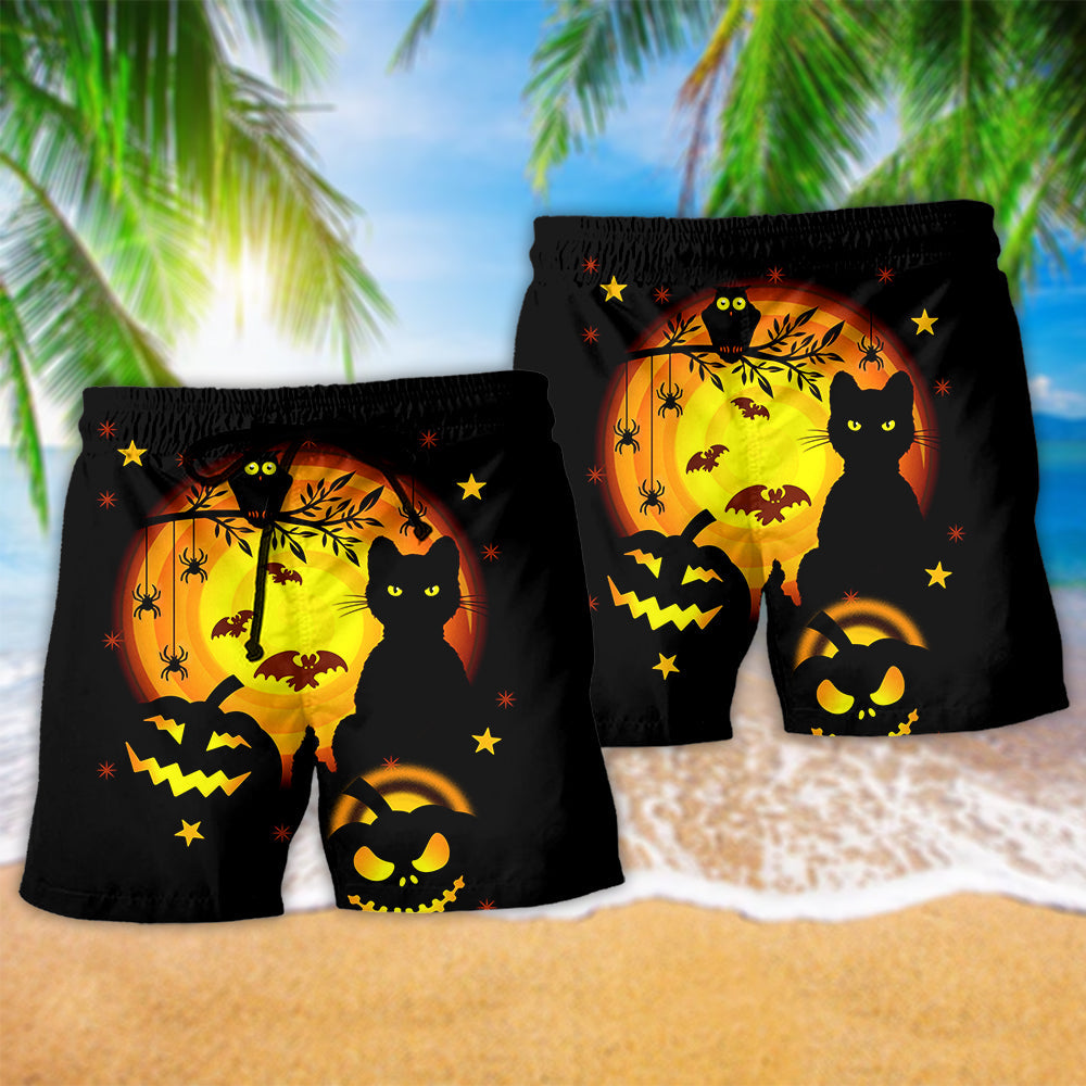 Halloween Cat Pumpkin Beach Shorts Pattern Detail For Beachside Relaxation And Lightweight Summer Style