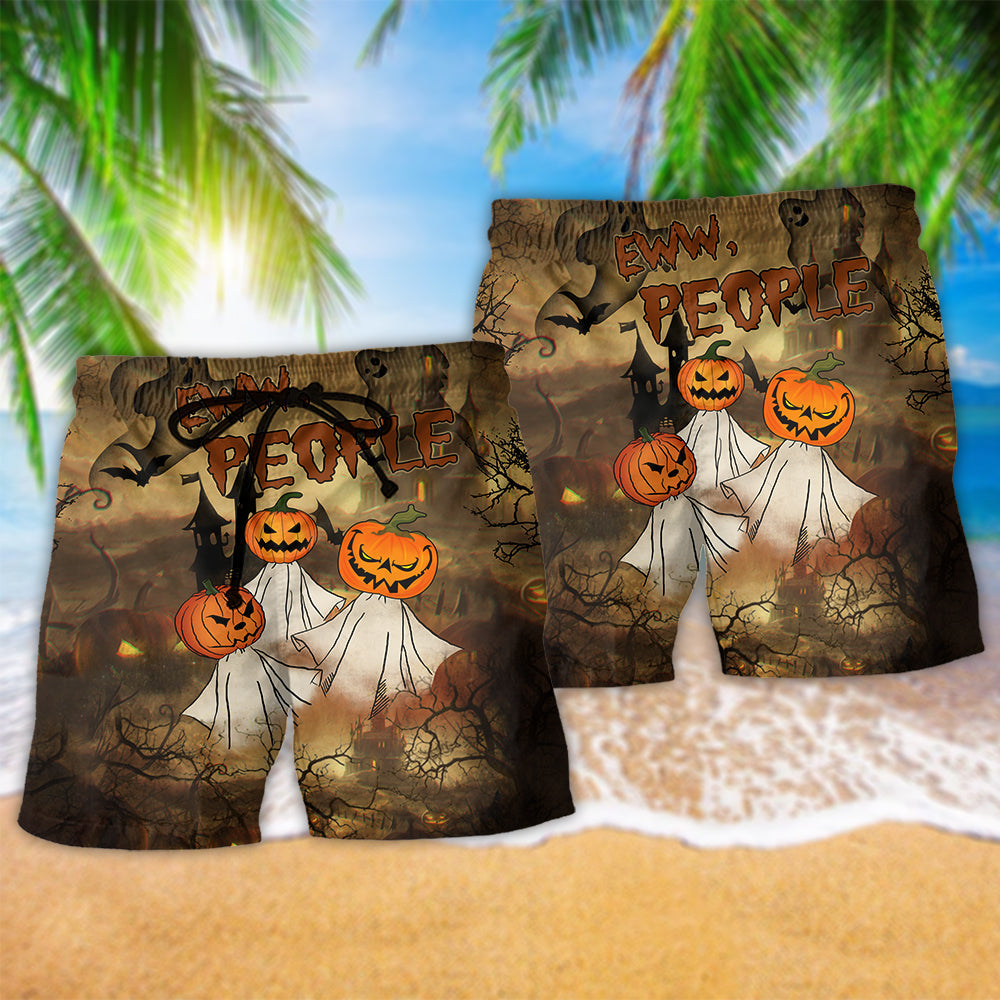 Halloween Eww Pumpkin Ghost Scared Beach Shorts Pattern Detail For Vacation Style And Bright Summer Outfits