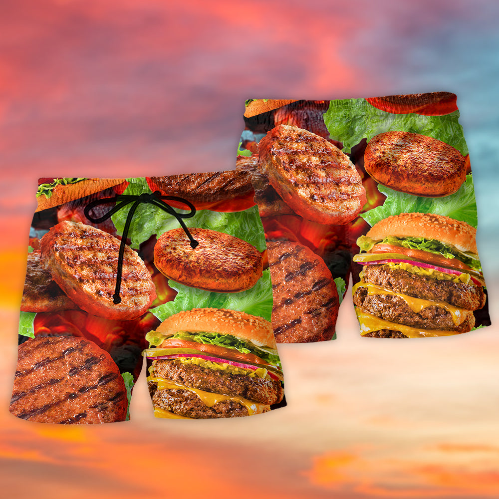 BBQ Hamburger Grilling Food Beach Shorts Design View For Comfortable Resort And Beach Styling