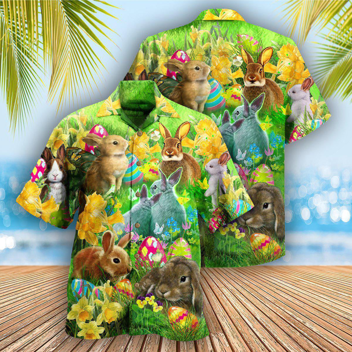 Happy Easter Bunnie Hawaiian Shirt Pattern View For Relaxed Warm Weather Outfits