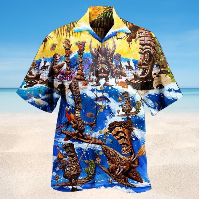 Happy Surfing Day With Tiki Bar Hawaiian Shirt For Summer Vacation Beach Travel And Relaxed Casual Wear