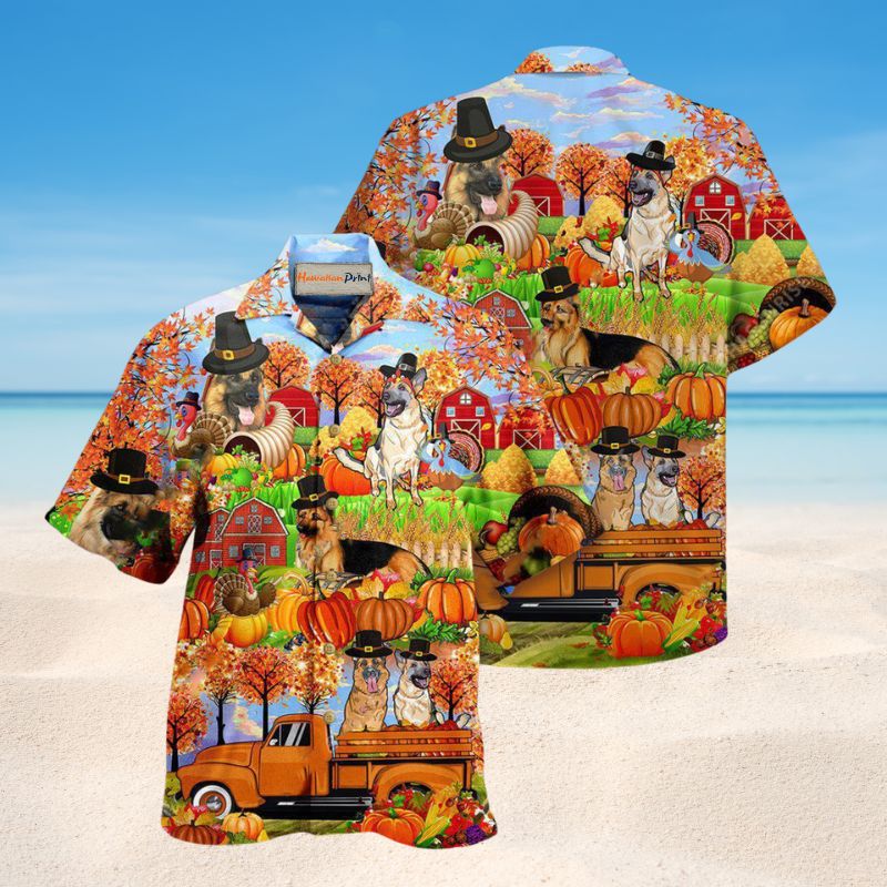Happy Thanksgiving German Shepherd Hawaiian Shirt For Summer Vacation Beach Travel And Relaxed Casual Wear