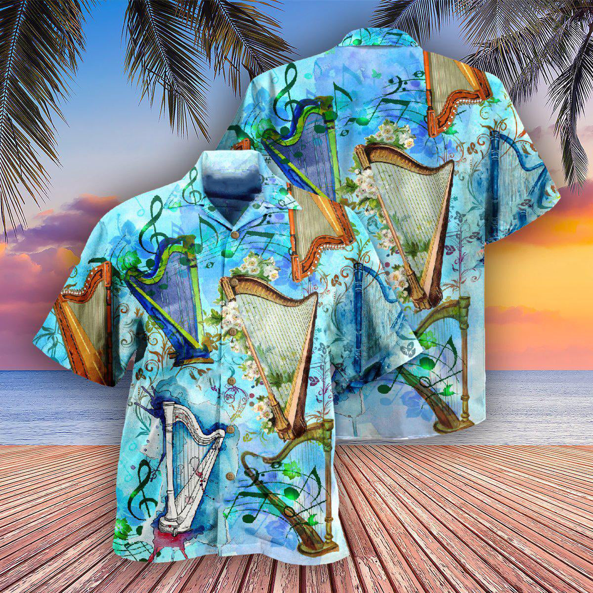 Harp Hawaiian Shirt With All Over Print For Resort Holidays Beach Travel And Relaxed Casual Fashion
