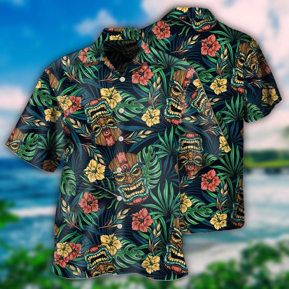 Tropical Island Tiki Hawaiian Shirt With Detailed Graphic For Summer Vacation Beach Travel And Casual Wear