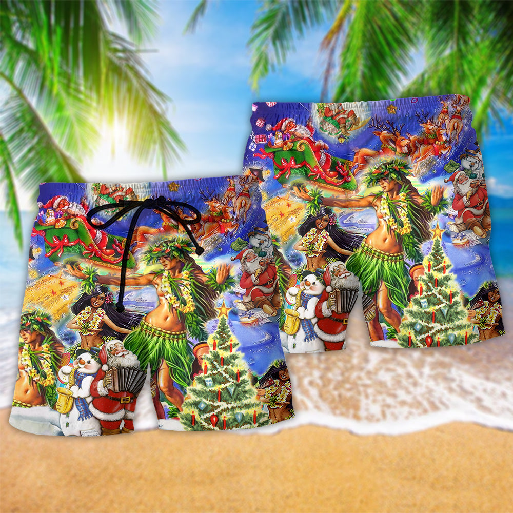 Hawaii Aloha Merry Christmas Beach Shorts Pattern Detail For Cruise Vacations And Warm Weather Wardrobe
