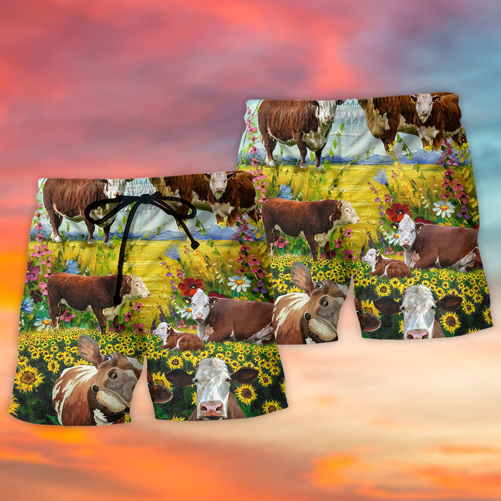 Hereford Cow Pastoral Landscape Beach Shorts For Warm Weather Travel And Everyday Comfort