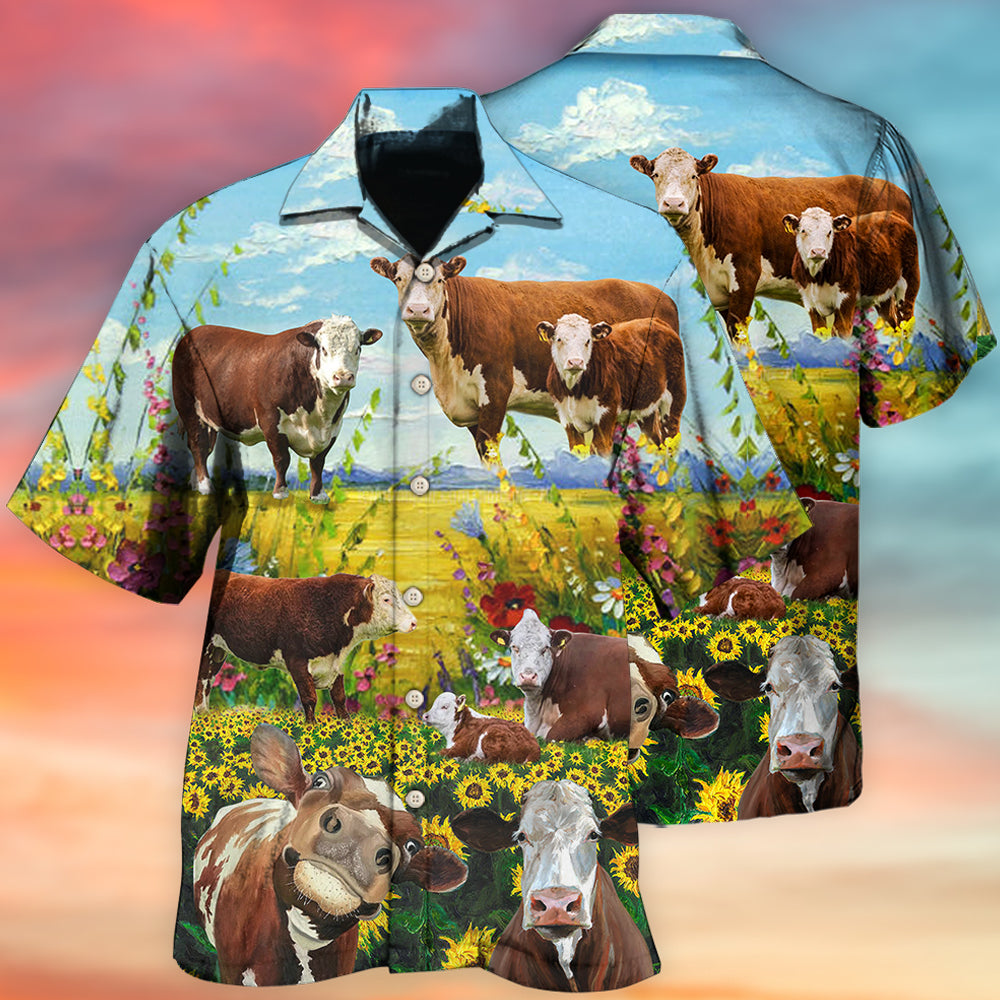 Rustic Hereford Cow Farm Landscape Hawaiian Shirt For Beach Days, Summer Outings, And Thoughtful Gift Giving
