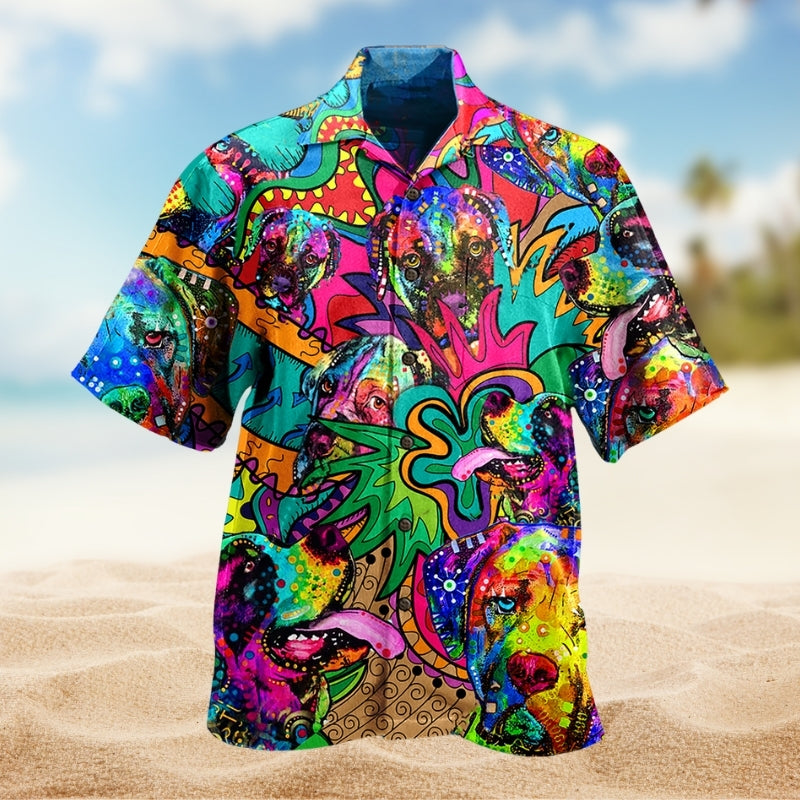 Colorful Hippie Dog Hawaiian Shirt For Animal Lovers, Beach Travel, And Casual Summer Style