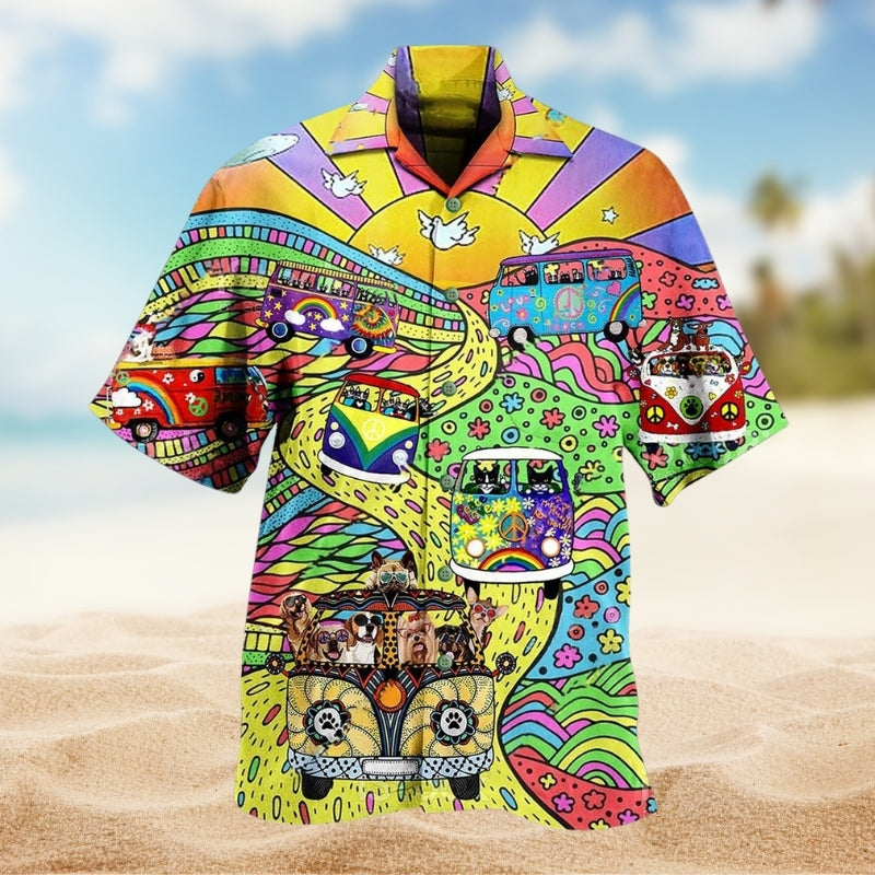 Hippie Dogs And Cats Colorful Hawaiian Shirt For Poolside Gathering And Travel Ready Style