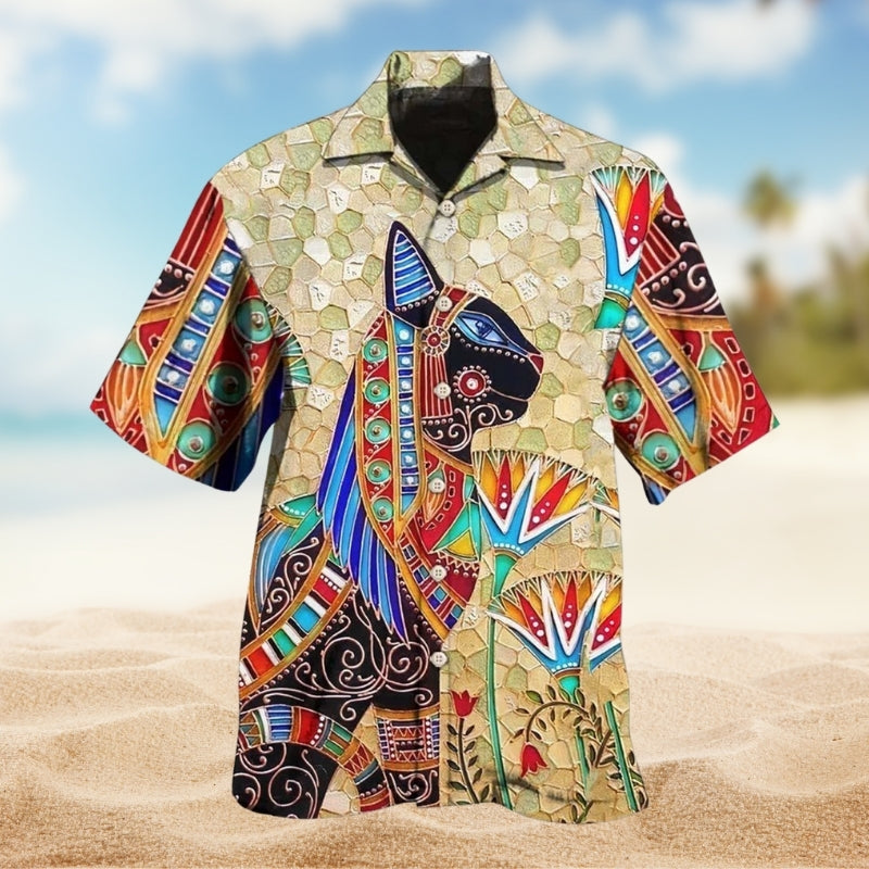 Hippie Egypt Cat Hawaiian Shirt For Island Vacations, Resort Wear, And Relaxed Seasonal Style