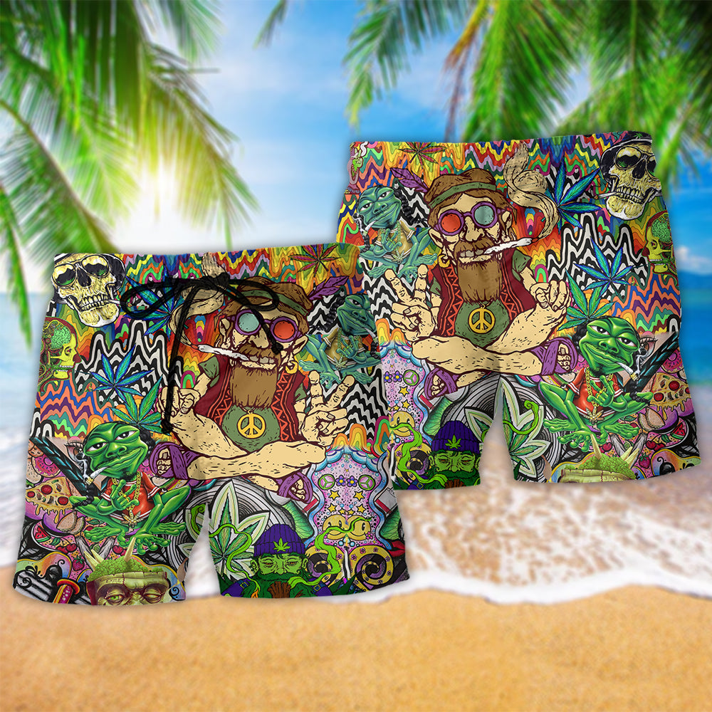 Hippie Feel Freedom From Smoking Hawaiian Print Beach Shorts For Coastal Travel And Celebrations