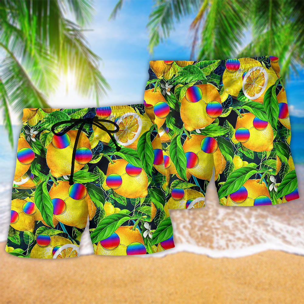 Hippie Fruit Lemon Peace Life Color Hawaiian Beach Shorts For Resort Trips And Warm Weather Style