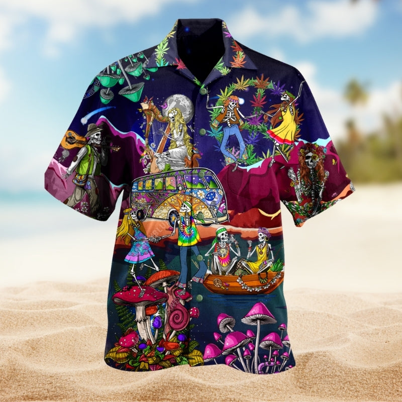 Retro Hippie Hawaiian Shirt For Summer Road Trip, Coastal Festival, And Casual Wear