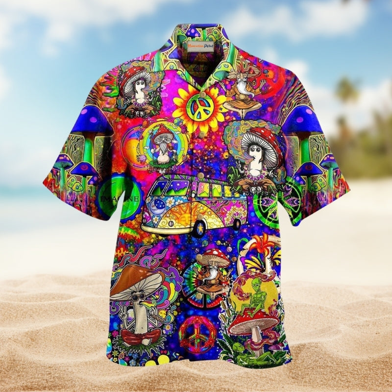 Funny Hippie Mushroom Peace Hawaiian Shirt For Island Vacations, Resort Wear, And Relaxed Seasonal Style