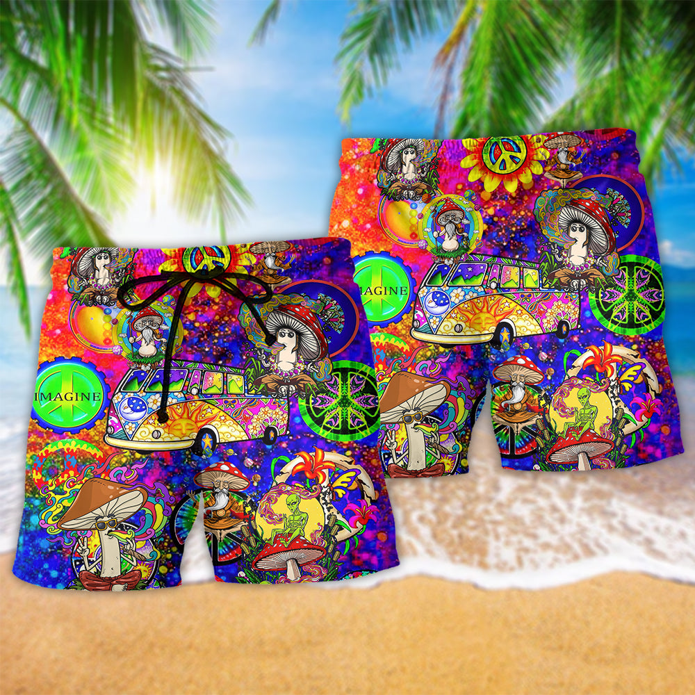 Hippie Mushroom Peace Colorful Beach Shorts Design Detail For Resort And Beach Day Style
