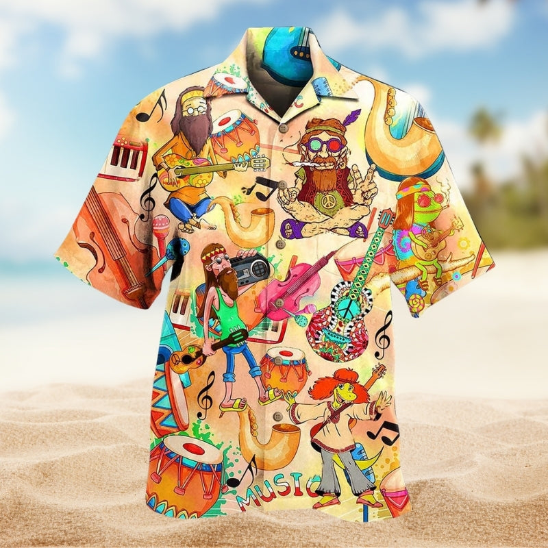 Hippie Music Peace Psychedelic Art Hawaiian Shirt For Tropical Holiday And Relaxed Resort Style
