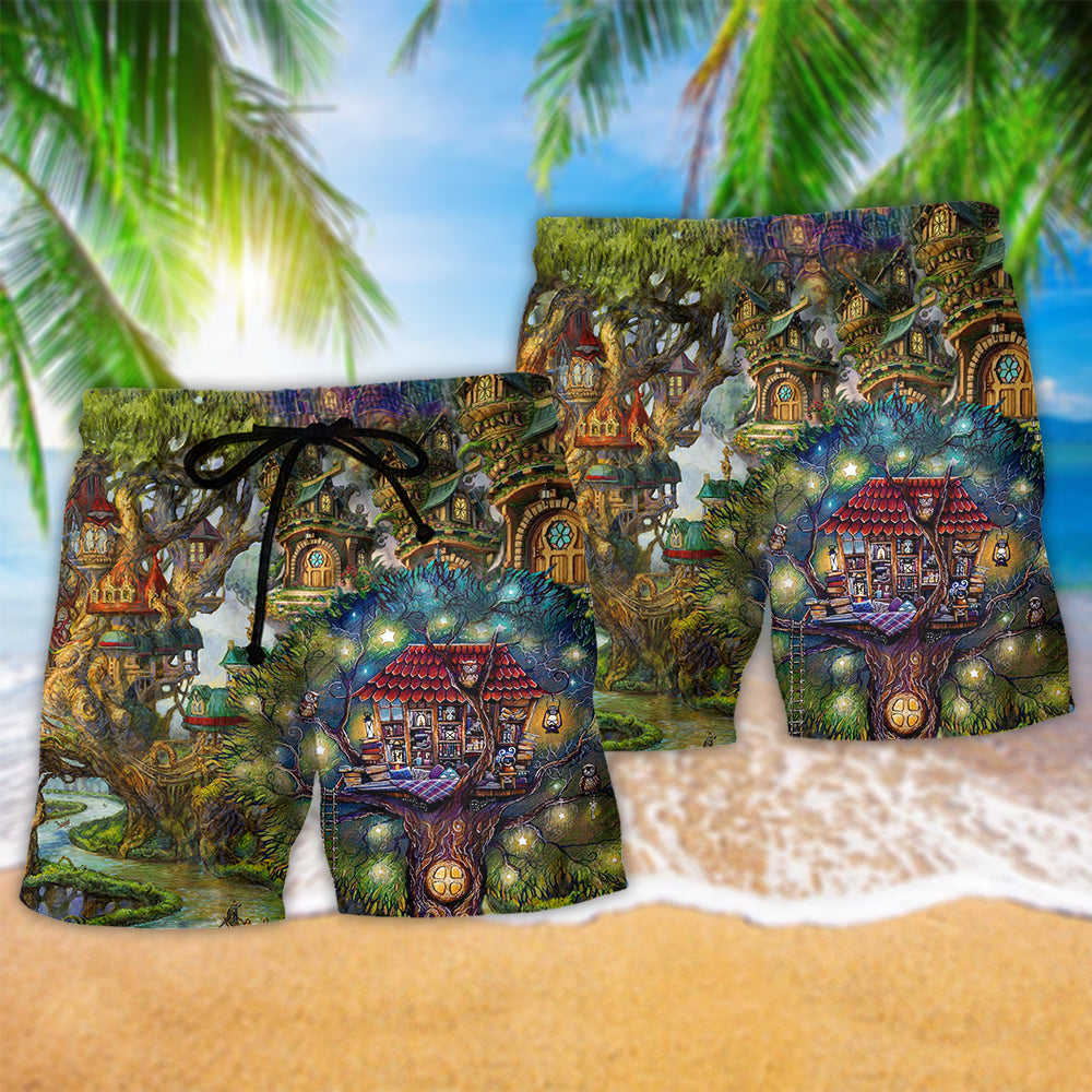 Hippie Dream Treehouse Beach Shorts Artwork Detail For Casual Warm Weather Outfits