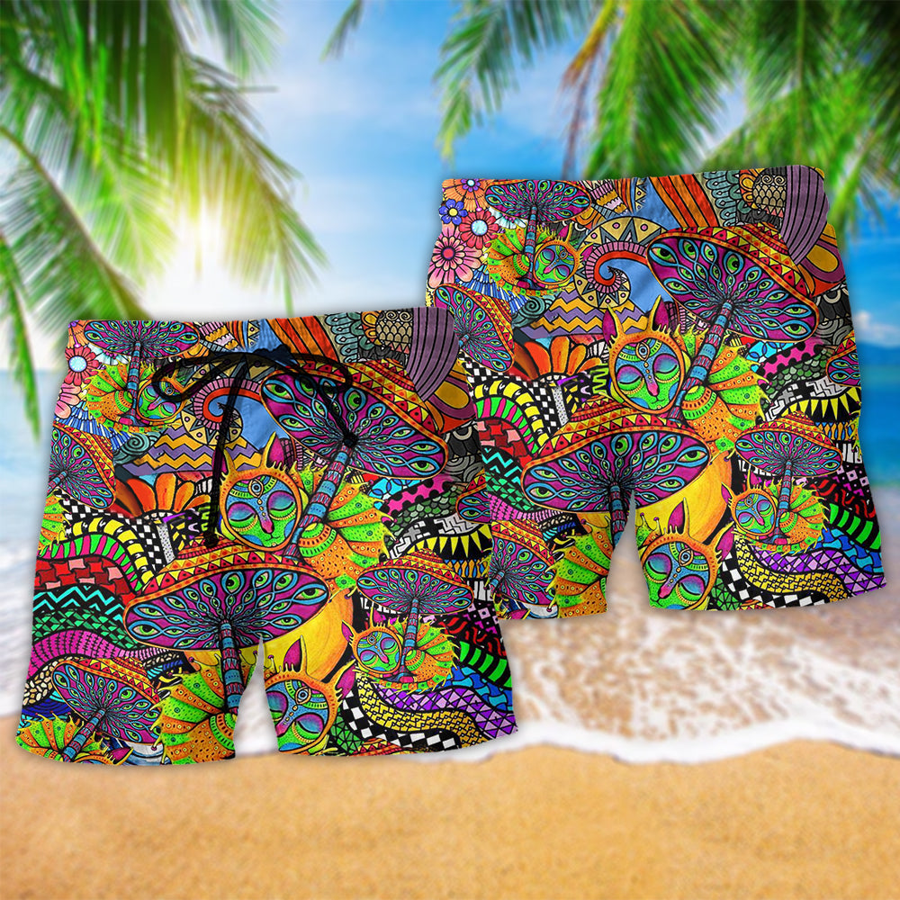 Hippie Peaceful Life Color Style Hawaiian Print Beach Shorts For Tropical Holidays And Weekend Adventures