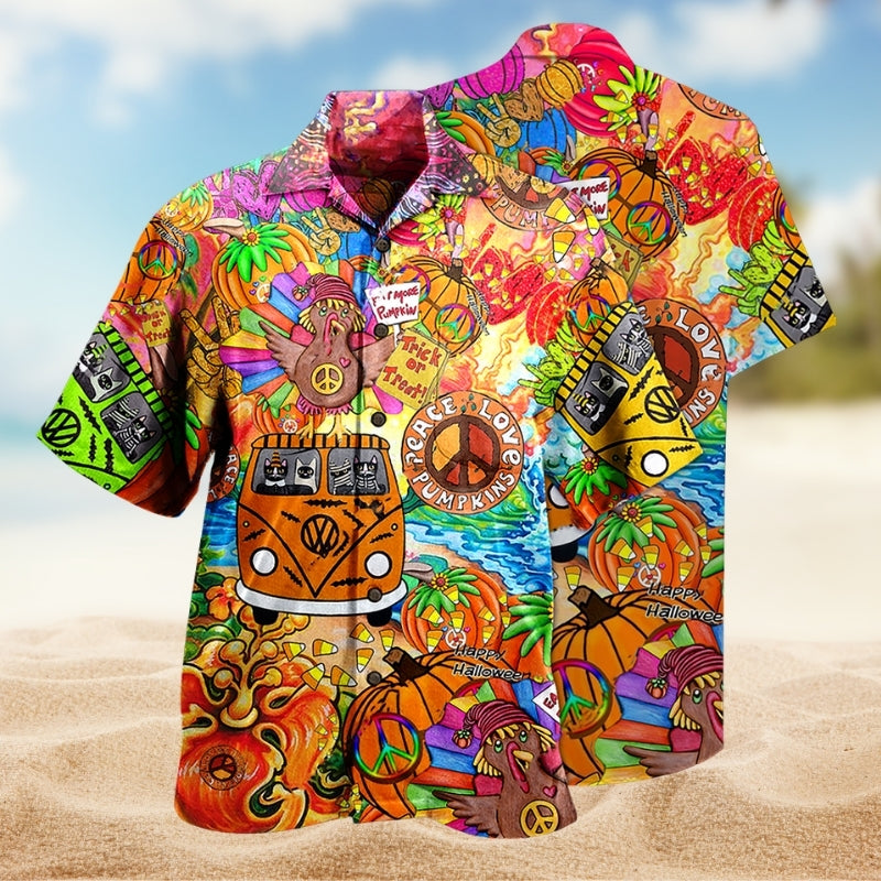 Hippie Pumpkin Colorful Hawaiian Shirt For Summer Gathering, Outdoor Event, And Seasonal Wardrobe