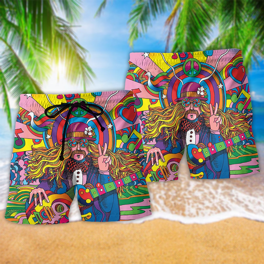 Hippie Rock Music Colorful Beach Shorts Pattern View For Vacation Travel And Outdoor Fun