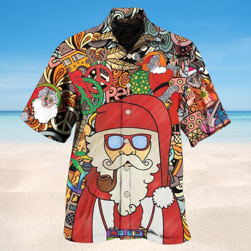 Hippie Santa Christmas Hawaiian Shirt For Coastal Travel, Casual Events, And Comfortable Summer Wear